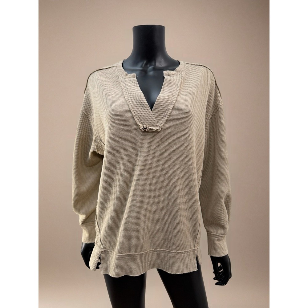 SHEIN Waffle Knit Henley Pullover Beige Long Sleeve‎ Casual Top Size M